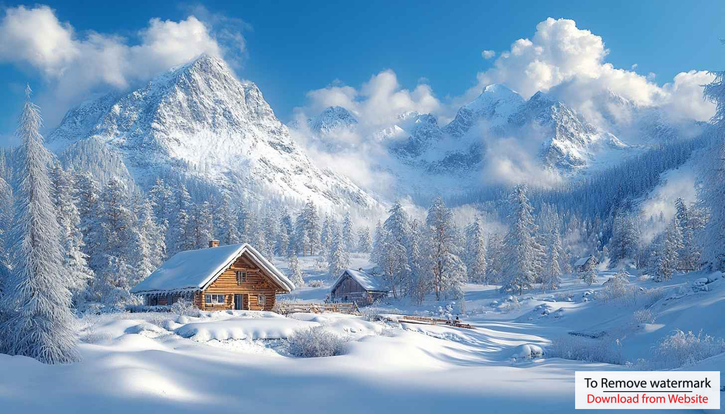 Winter Scenery Wallpaper: Snowy Mountains and Cozy Cabin Wallpaper Winter Scenery Wallpaper: Snowy Mountains and Cozy Cabin Wallpaper
