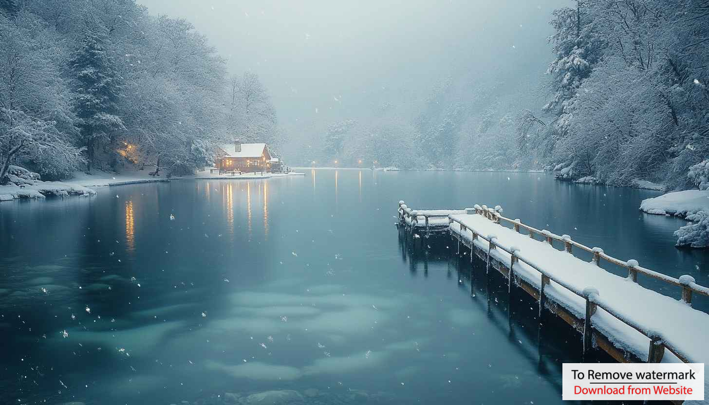 Winter Lake Wallpaper: Cabin, Snow, Forest, 4K Wallpaper