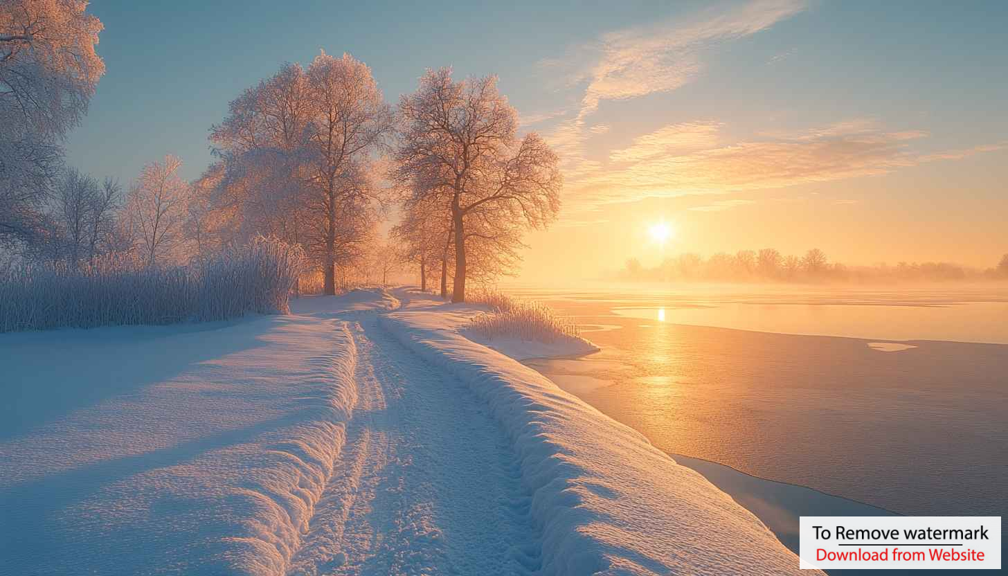 Winter Landscape Wallpaper: Snowy Path, Frozen Lake, Sunrise Scenery