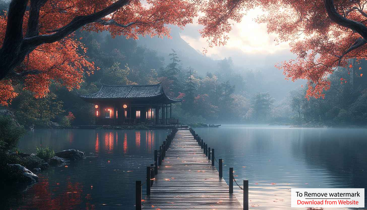 Zen Garden Wallpaper: Autumn Lake, Japanese Architecture, Misty Landscape Zen Garden Wallpaper: Autumn Lake, Japanese Architecture, Misty Landscape