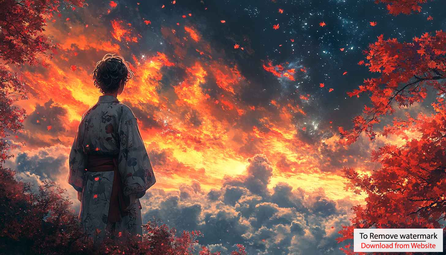 Anime Autumn Sky Wallpaper: Kimono Girl Stargazing Aesthetic Anime Autumn Sky Wallpaper: Kimono Girl Stargazing Aesthetic