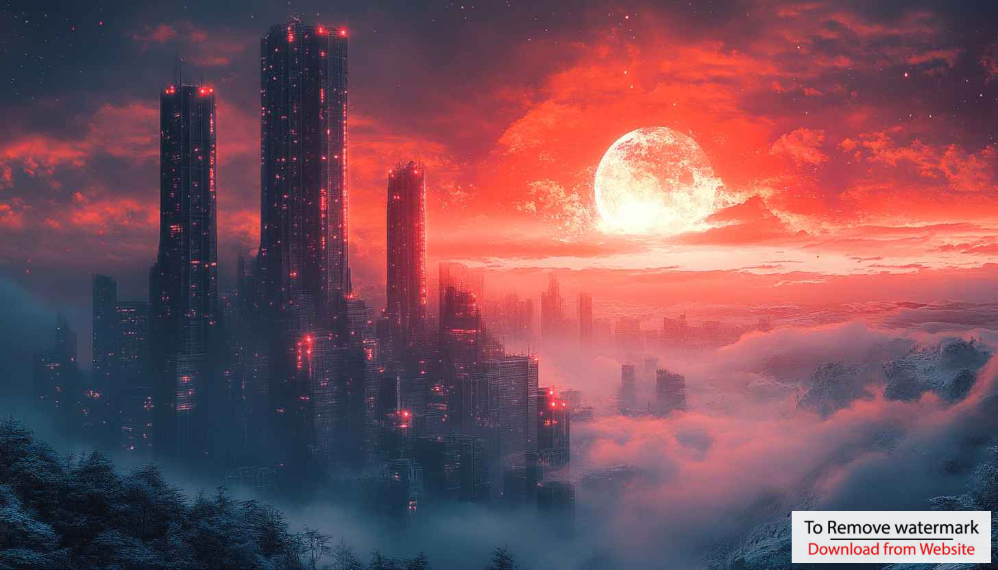 Cyberpunk City Red Moon 4K Desktop Background Mobile Wallpaper