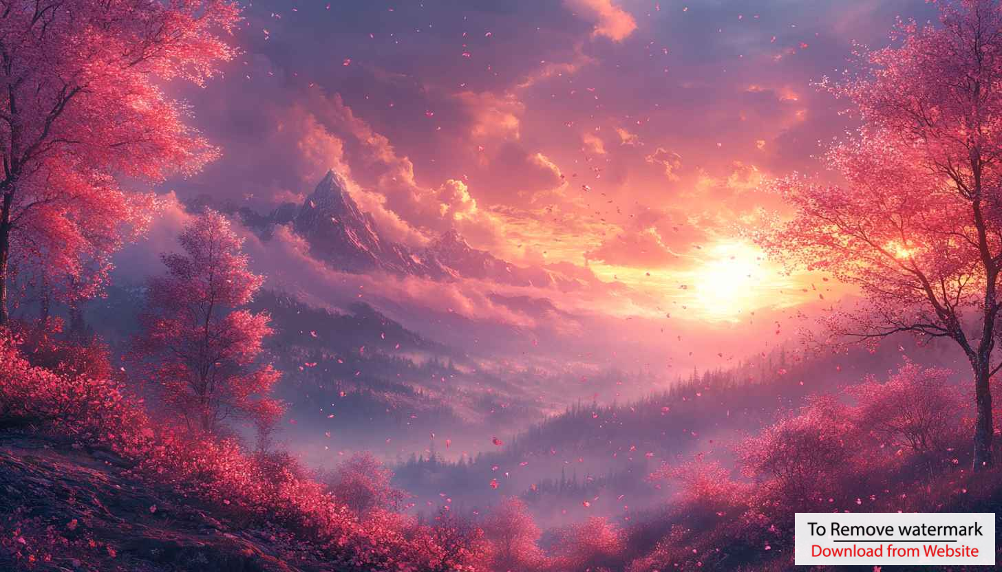 Pink Cherry Blossom Mountain Sunset 4K Desktop Mobile Wallpaper