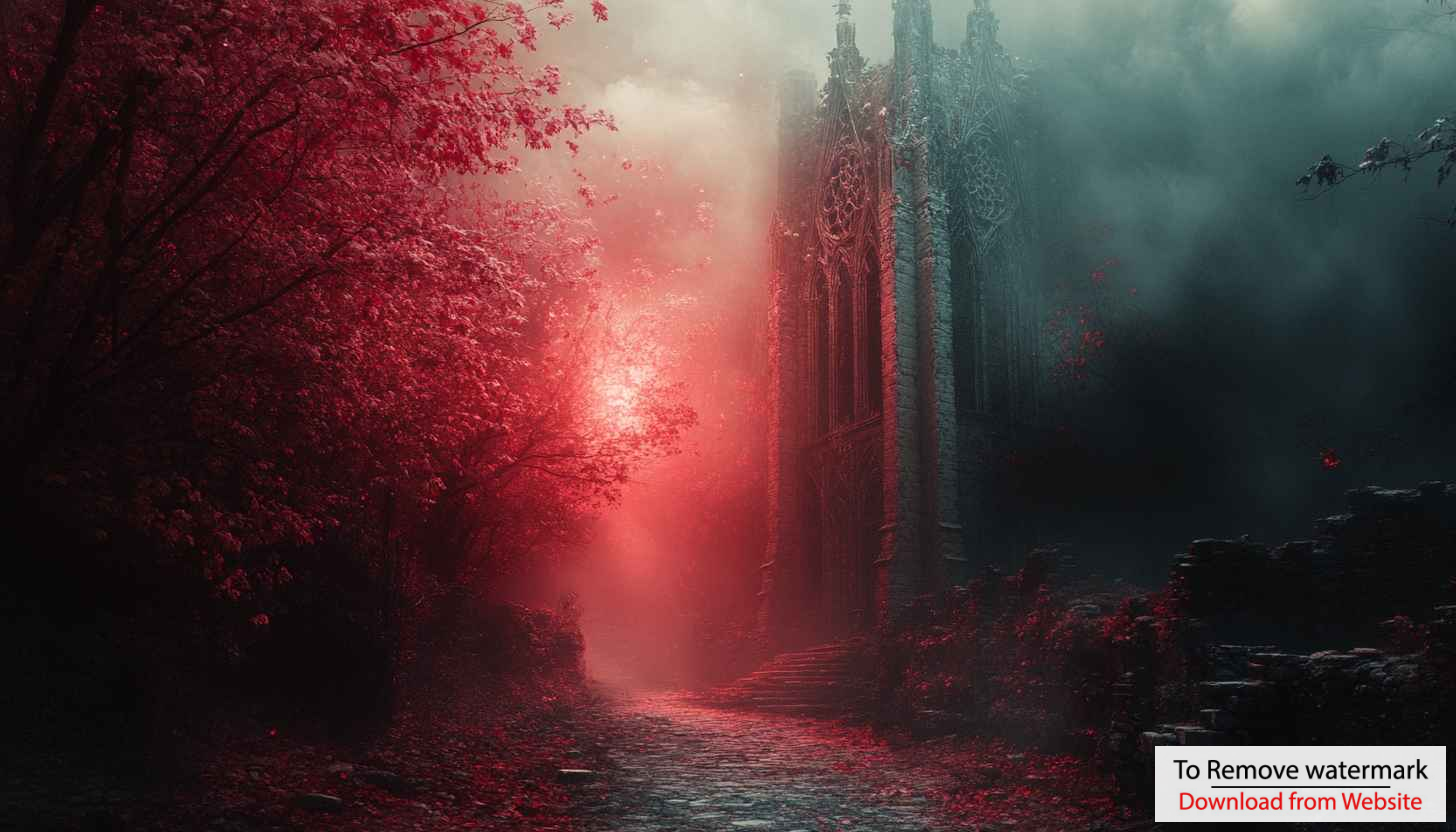 Eerie Forest Path with Gothic Architecture 4K Desktop Wallpaper Eerie Forest Path with Gothic Architecture 4K Desktop Wallpaper