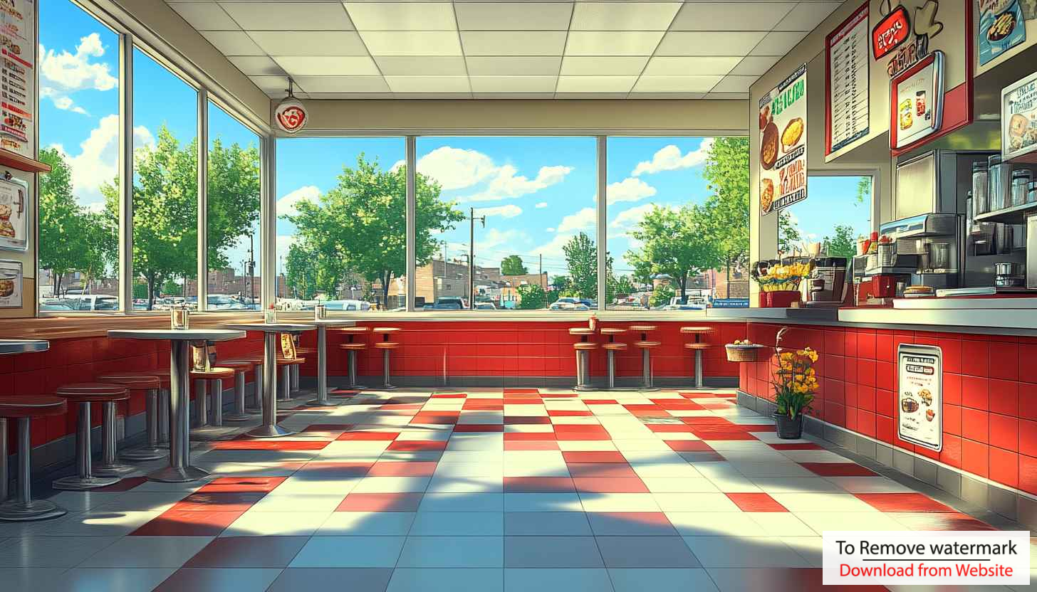 Retro Diner Interior Wallpaper, Animated Restaurant Scene Background Retro Diner Interior Wallpaper, Animated Restaurant Scene Background
