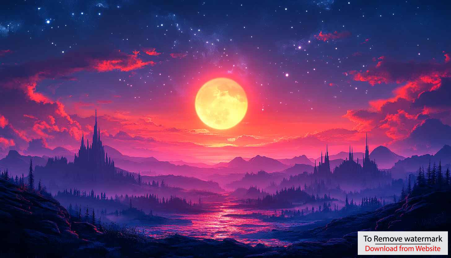 Fantasy Night Landscape 4K Desktop Background with Moon and Castles Fantasy Night Landscape 4K Desktop Background with Moon and Castles