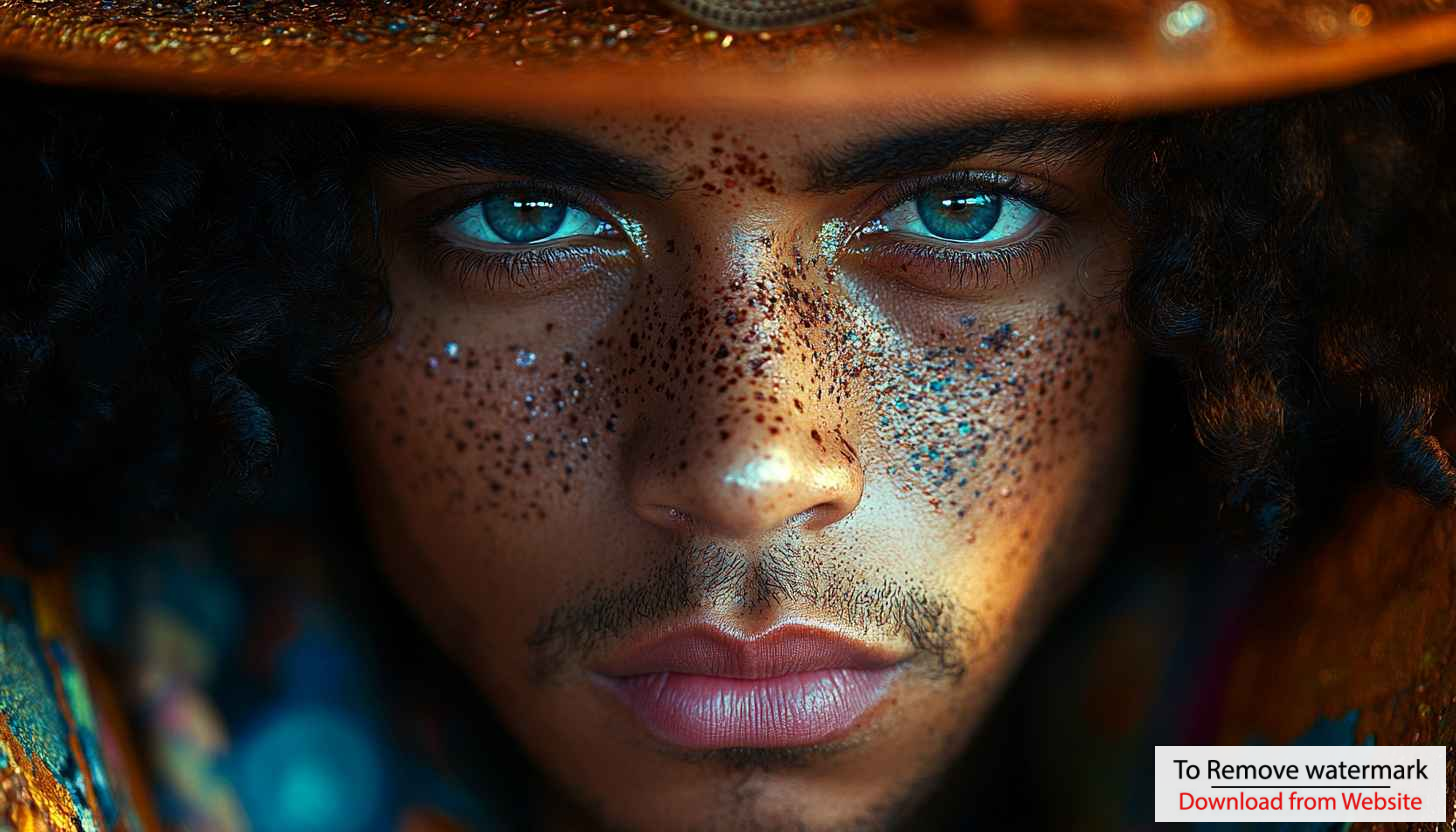 Man with glittery skin, curly hair, and bright eyes wallpaper Man with glittery skin, curly hair, and bright eyes wallpaper