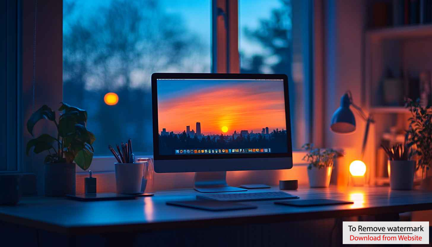 Cozy Workspace with Sunset Skyline Computer Screen Wallpaper Cozy Workspace with Sunset Skyline Computer Screen Wallpaper