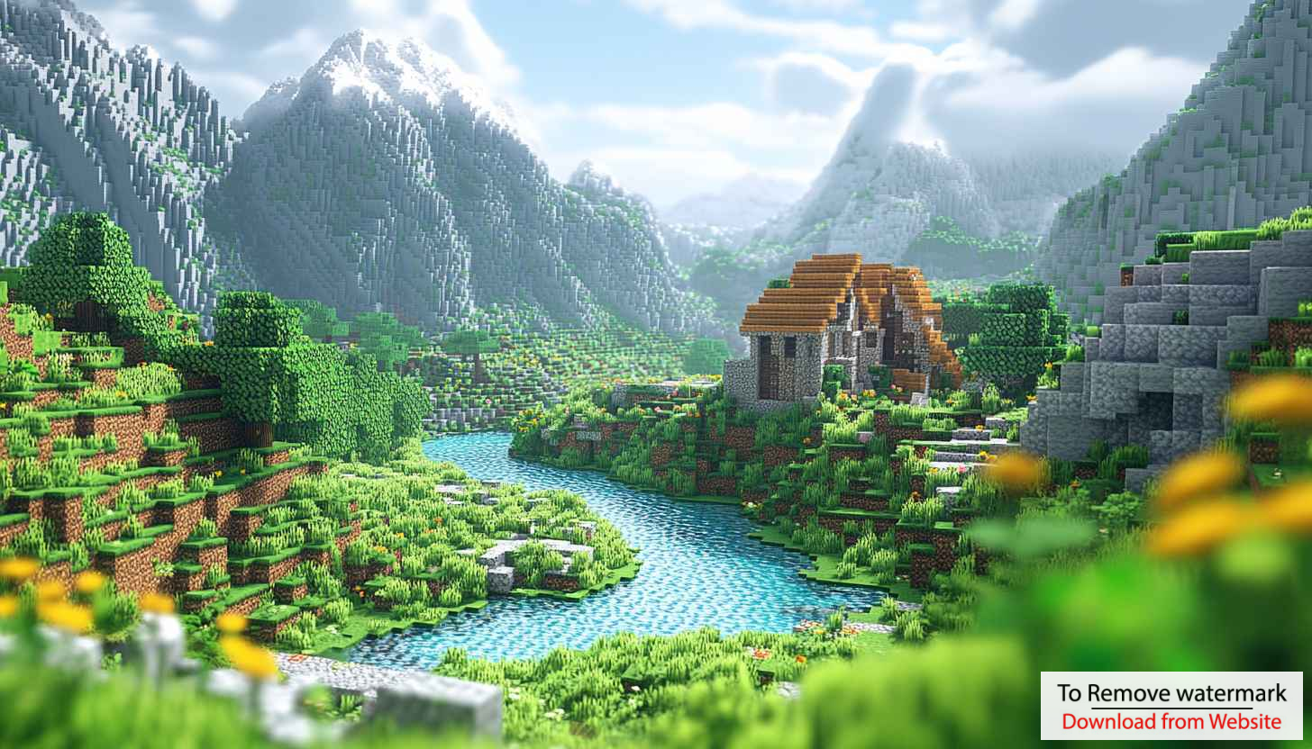 Minecraft Landscape Wallpaper, Snowy Mountains, River Scenery, 4K Mobile Background Minecraft Landscape Wallpaper, Snowy Mountains, River Scenery, 4K Mobile Background