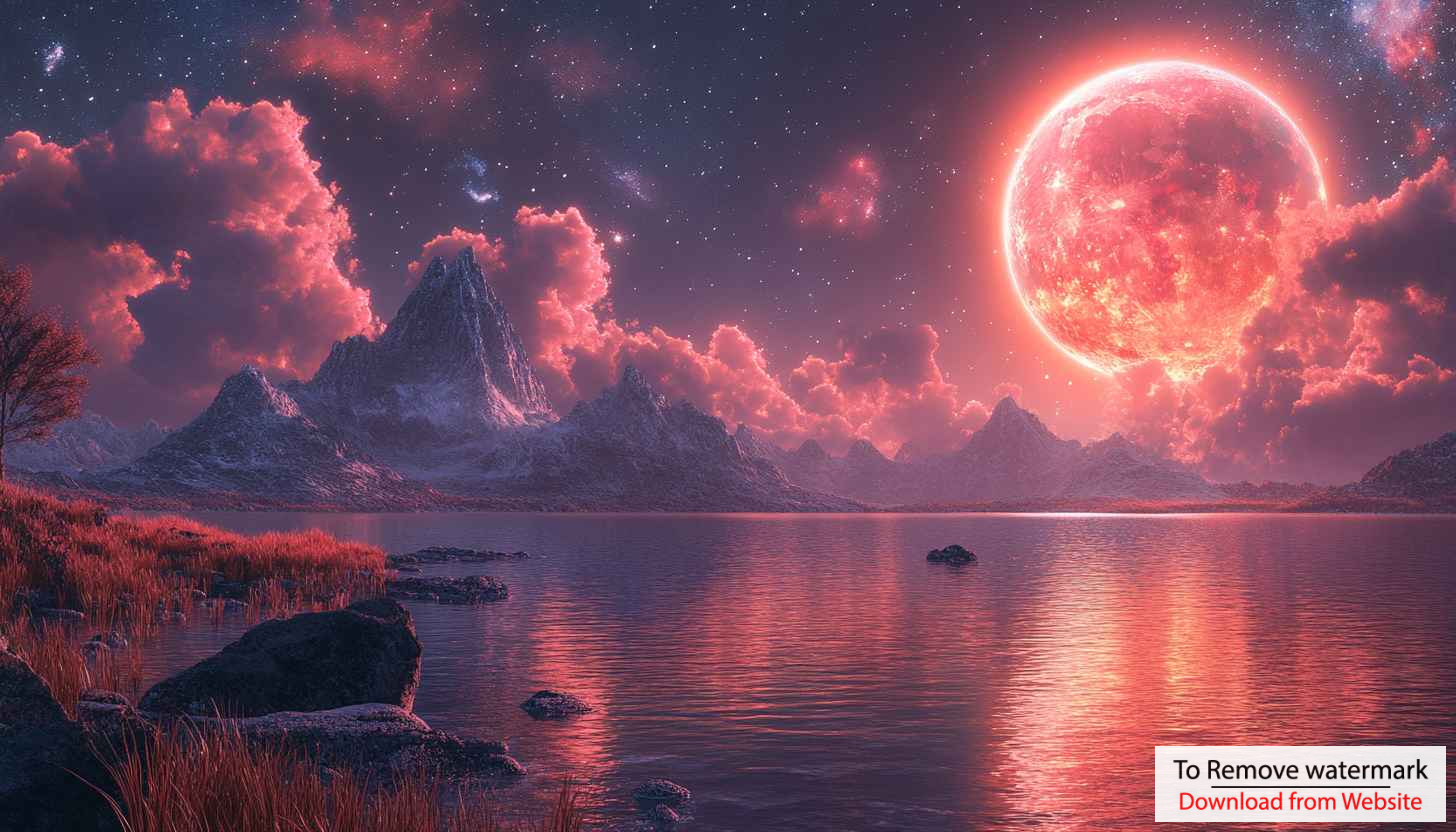 Lake with Red Moon Mobile Wallpaper, Fantasy Landscape Background 4K Lake with Red Moon Mobile Wallpaper, Fantasy Landscape Background 4K