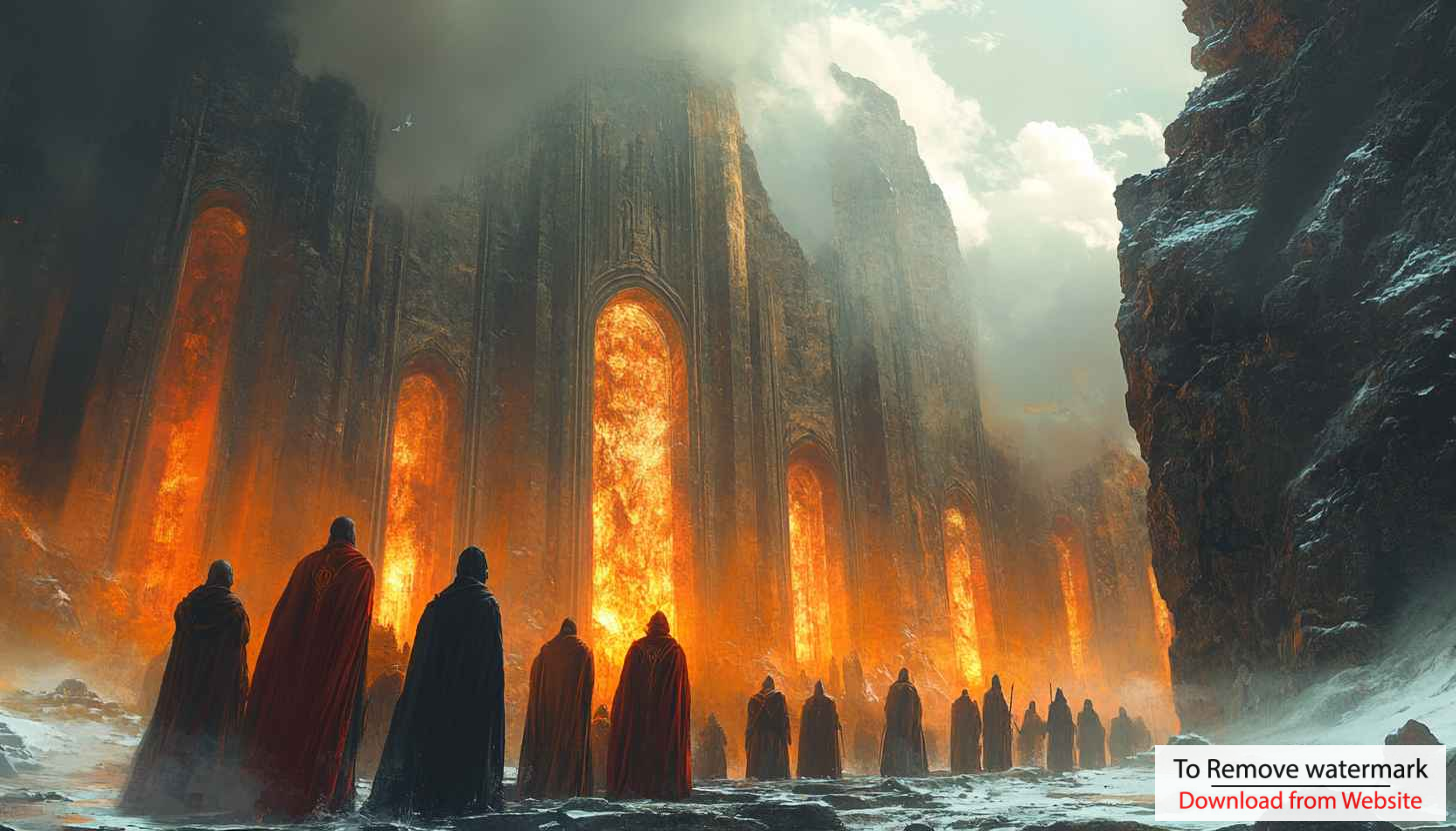 Fantasy Fiery Temple Mobile Wallpaper HD, Dramatic Cloaked Figures Art Fantasy Fiery Temple Mobile Wallpaper HD, Dramatic Cloaked Figures Art