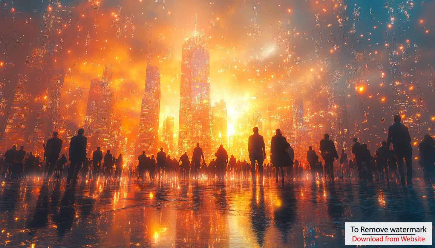 Fiery Cityscape Crowd 4K Desktop Background Futuristic Mobile Wallpaper