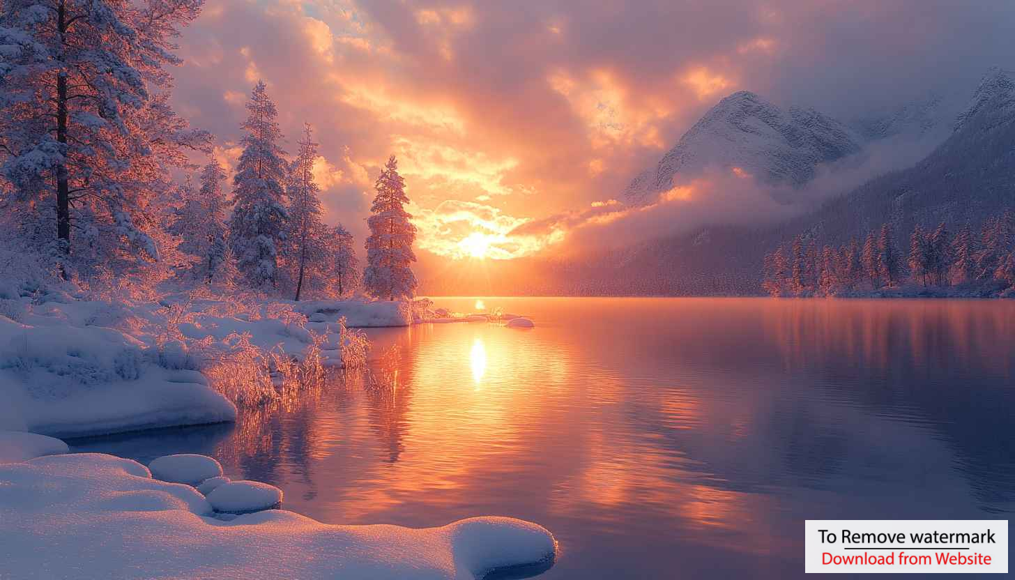 Winter Lake Sunrise 4K Desktop Background | Snow Mountain Wallpaper Winter Lake Sunrise 4K Desktop Background | Snow Mountain Wallpaper
