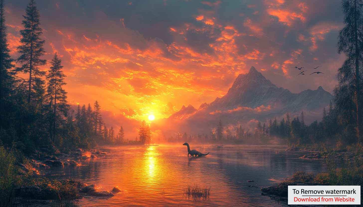 Sunset Dinosaur 4K Wallpaper, Brontosaurus Lake Background for Desktop, Mobile Sunset Dinosaur 4K Wallpaper, Brontosaurus Lake Background for Desktop, Mobile