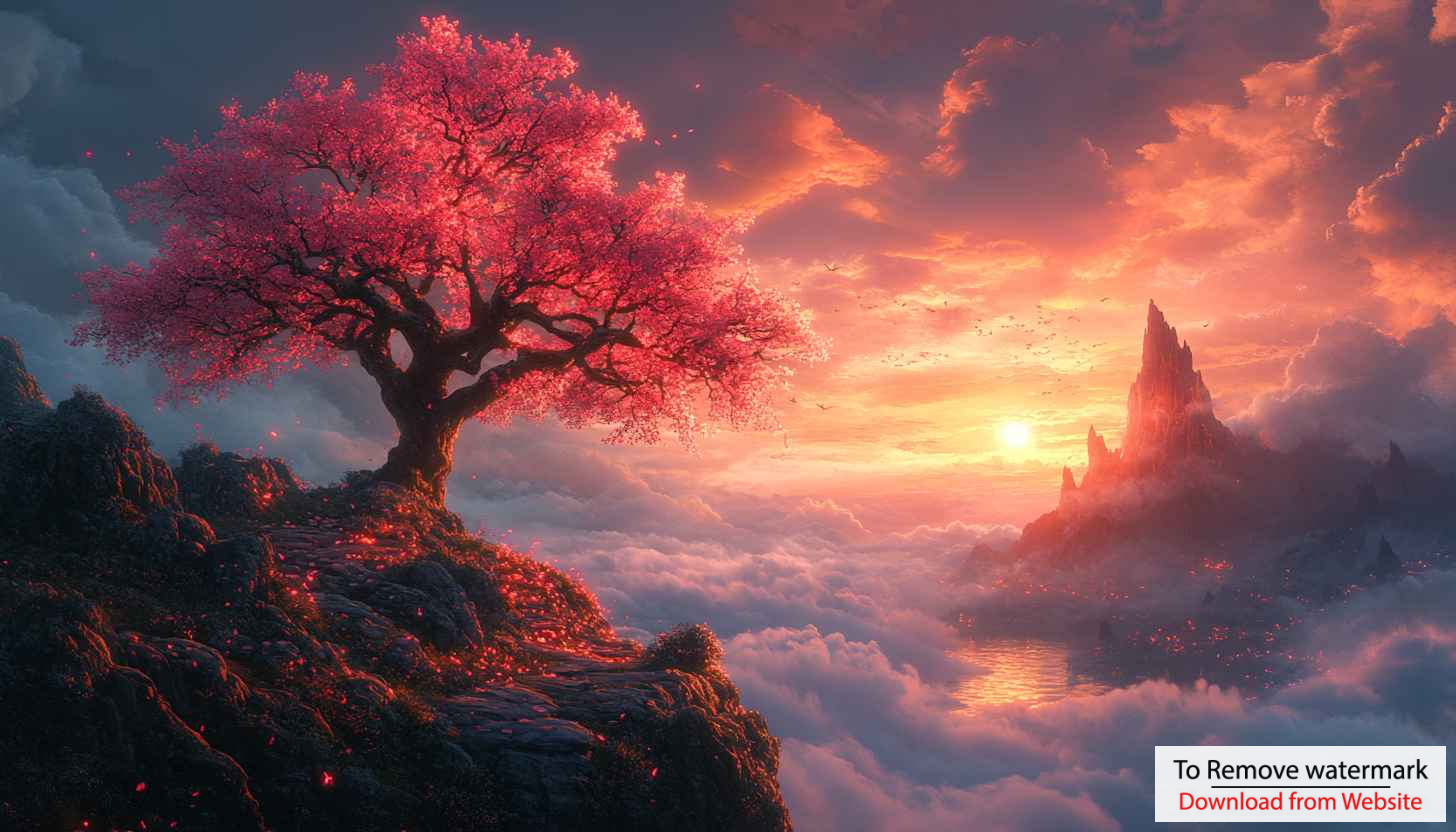 Fantasy Pink Tree 4K Desktop Background Sunset Above Clouds Wallpaper Fantasy Pink Tree 4K Desktop Background Sunset Above Clouds Wallpaper