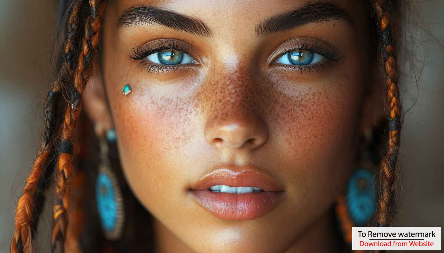 Portrait Wallpaper: Beautiful Woman with Freckles and Piercing Blue Eyes Portrait Wallpaper: Beautiful Woman with Freckles and Piercing Blue Eyes