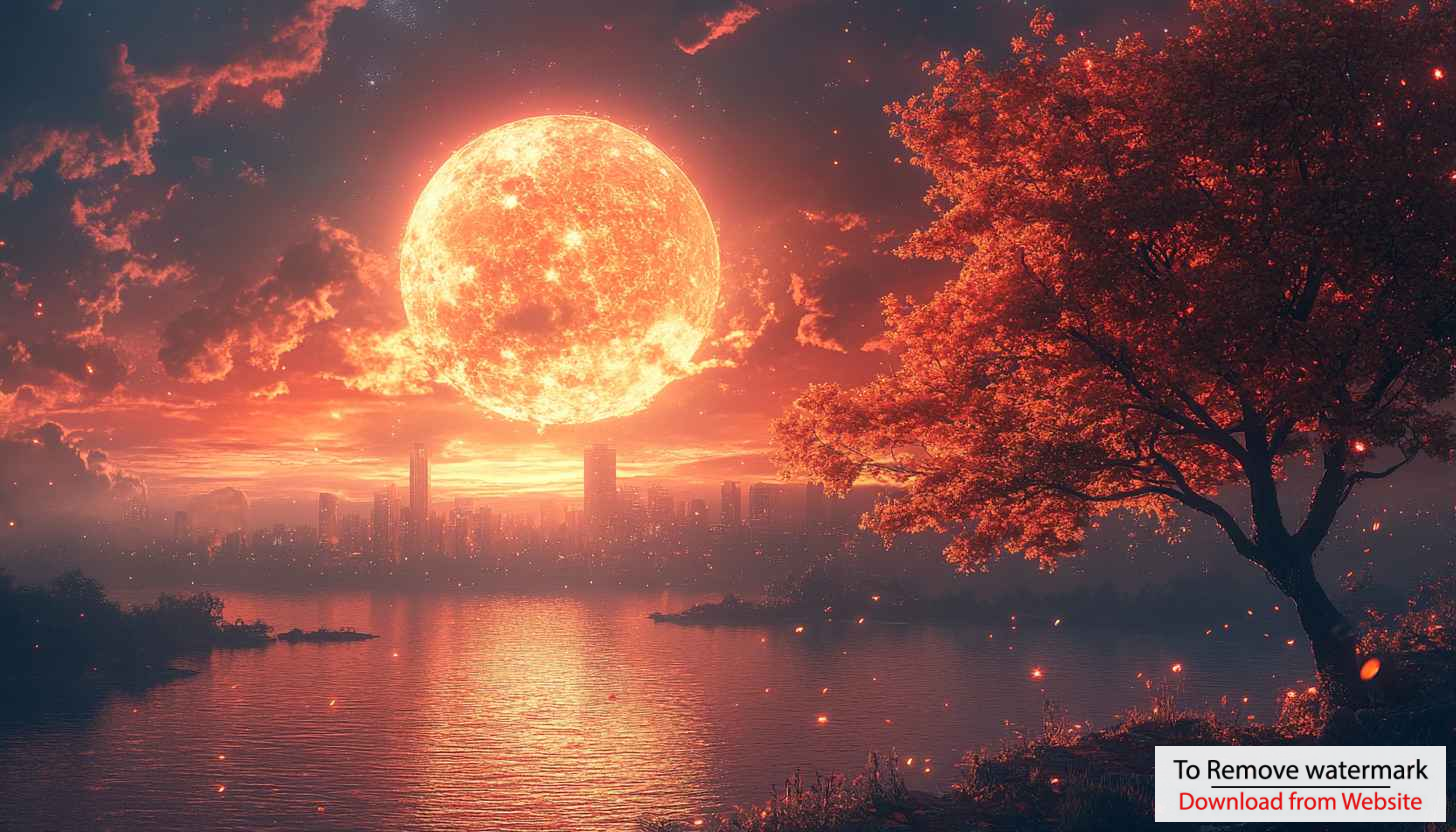 Fantasy Cityscape with Giant Sun Free Mobile and Desktop Wallpaper