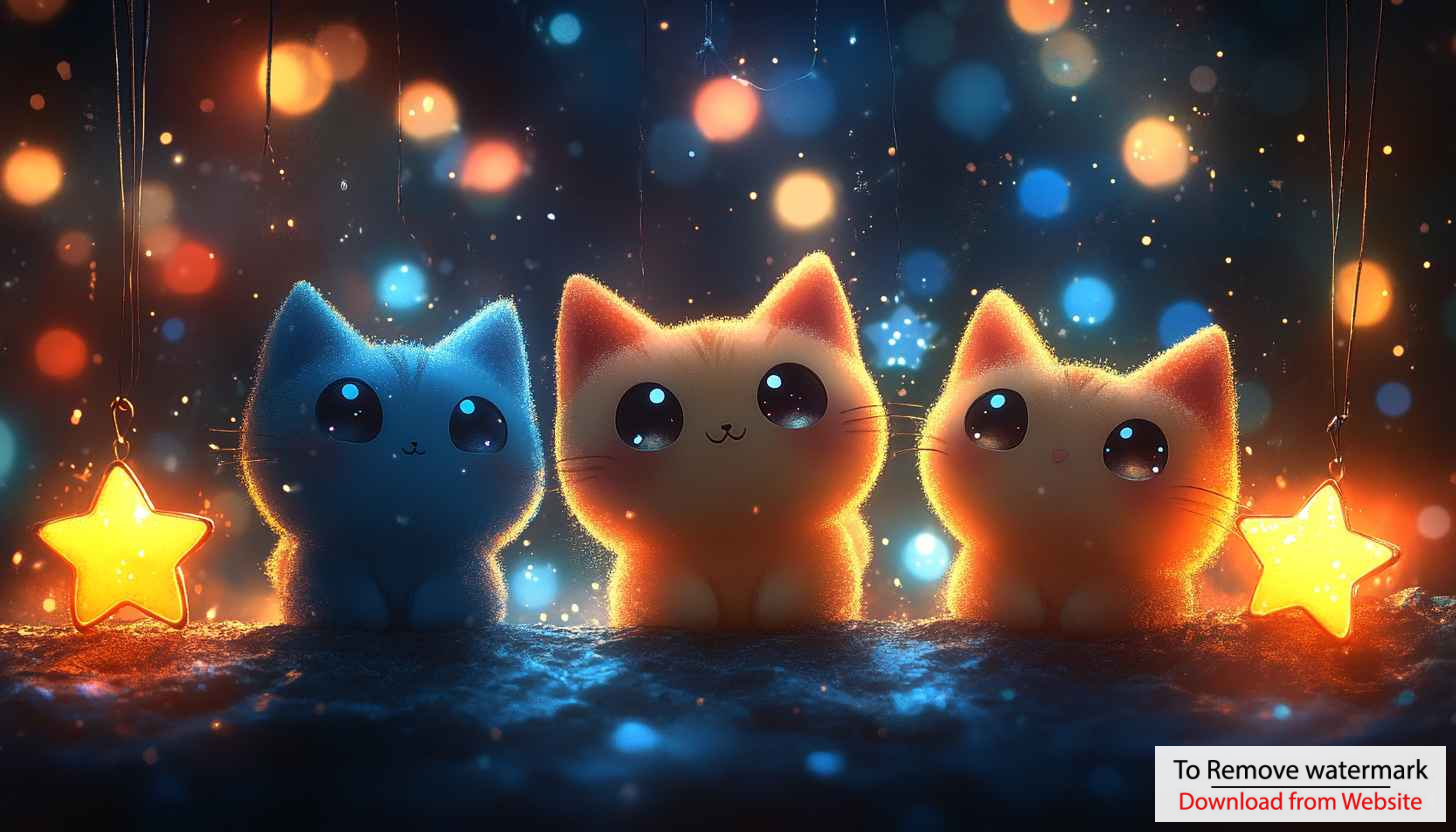 Cute Cartoon Cats with Glowing Stars, Free Mobile Wallpaper Cute Cartoon Cats with Glowing Stars, Free Mobile Wallpaper