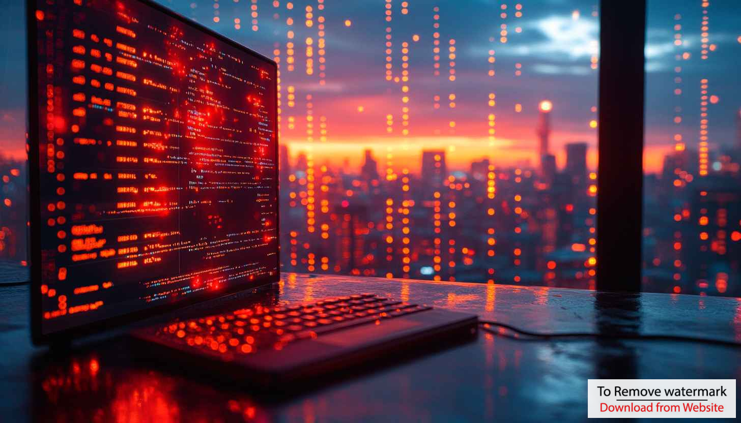 Red Code on Laptop with Cityscape Background Mobile Wallpaper Red Code on Laptop with Cityscape Background Mobile Wallpaper