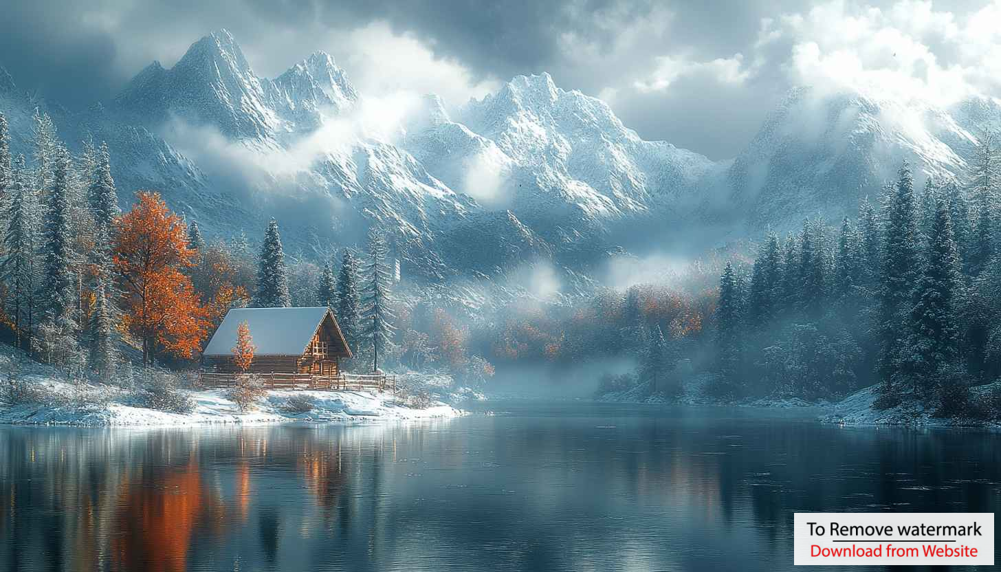 Snowy Cabin Lake Winter Scene 4K Desktop Wallpaper Background Snowy Cabin Lake Winter Scene 4K Desktop Wallpaper Background
