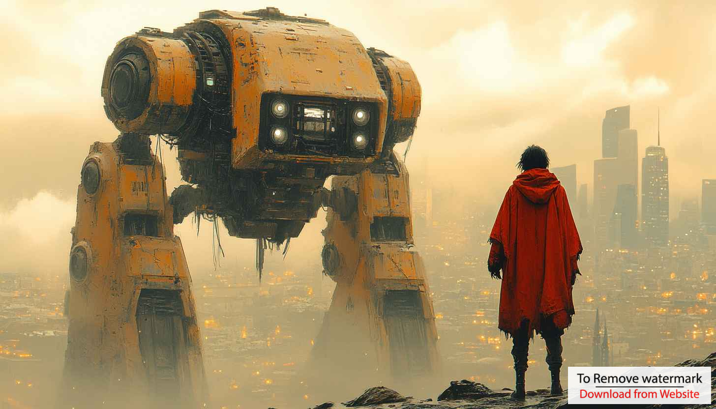 Sci-Fi Orange Robot Mobile Wallpaper, Red Cloak Futuristic Cityscape Background Sci-Fi Orange Robot Mobile Wallpaper, Red Cloak Futuristic Cityscape Background