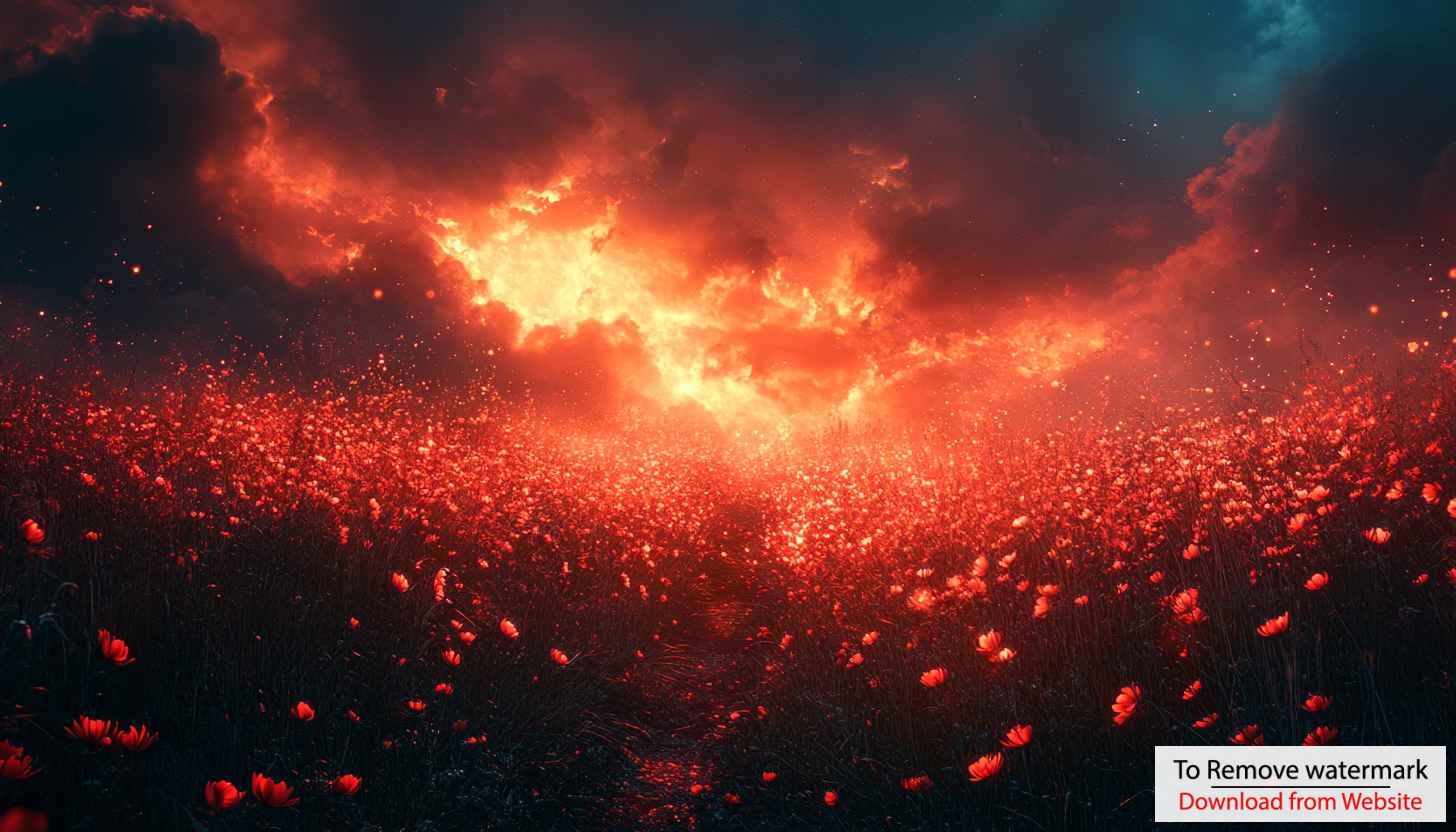 Fiery Sky Flowers Field 4K Desktop Background Mobile Wallpaper
