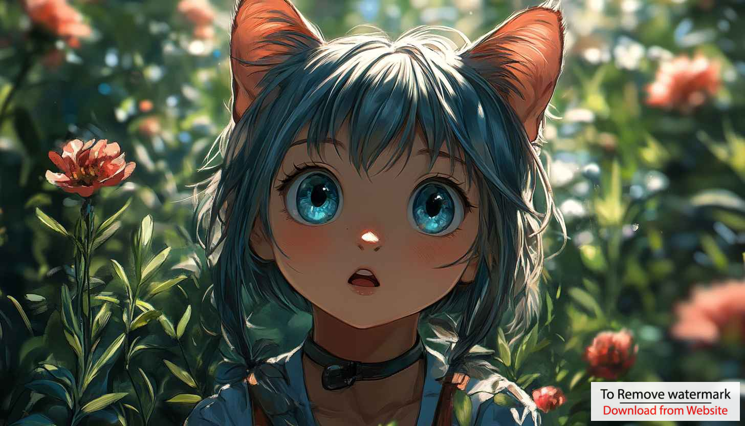 Anime Catgirl Art Mobile Background, Garden Flowers Digital Wallpaper Anime Catgirl Art Mobile Background, Garden Flowers Digital Wallpaper