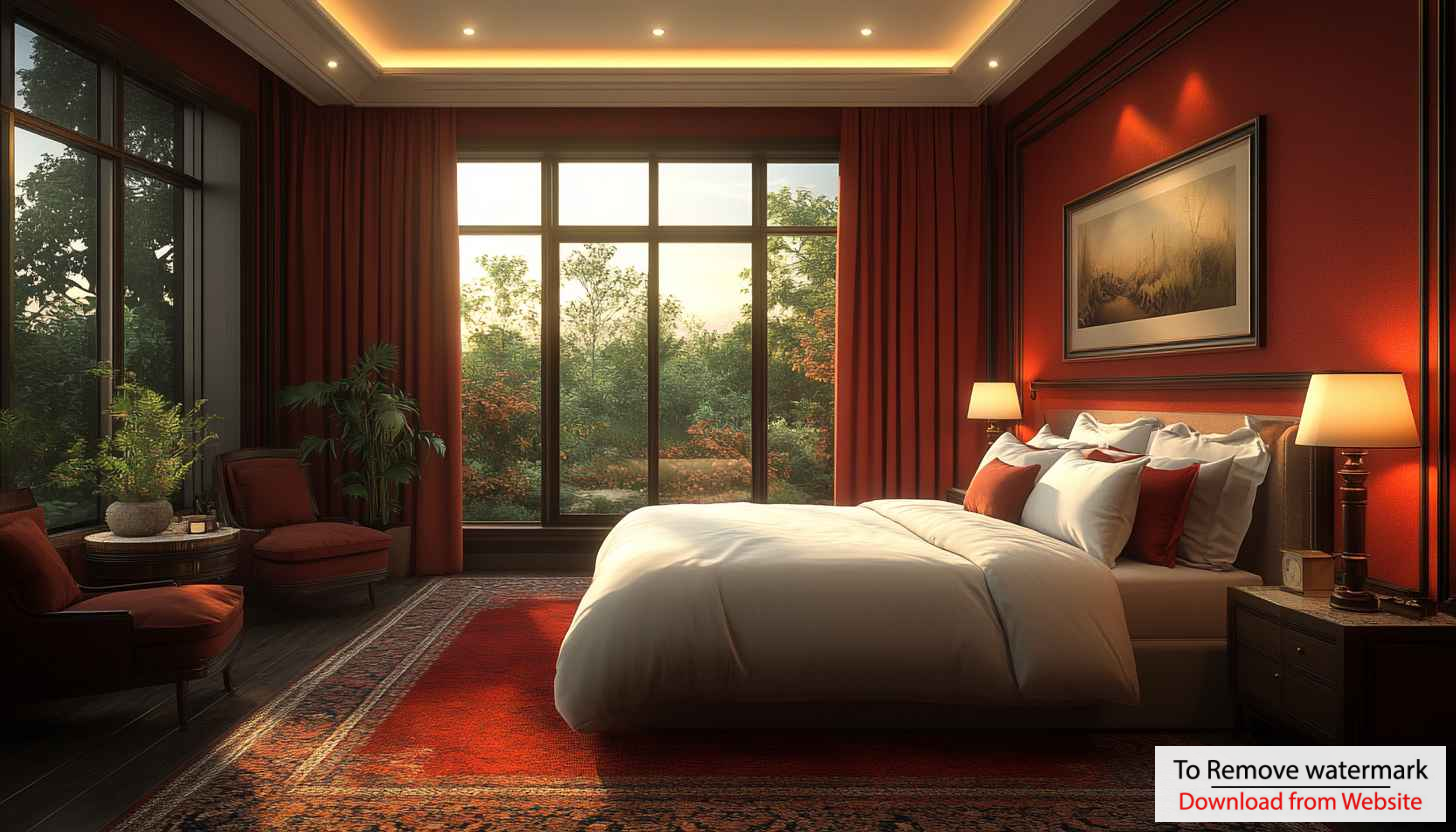 Luxury Bedroom Interior Design Red Wallpaper, 4K Desktop Background Luxury Bedroom Interior Design Red Wallpaper, 4K Desktop Background