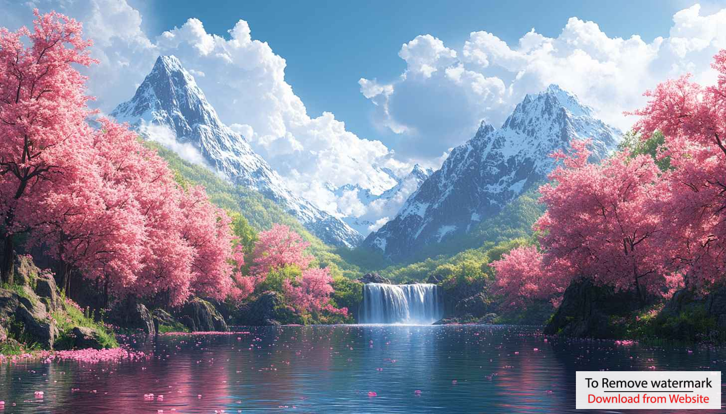 Pink Cherry Blossom Waterfall 4K Desktop Background Spring Scenery Pink Cherry Blossom Waterfall 4K Desktop Background Spring Scenery