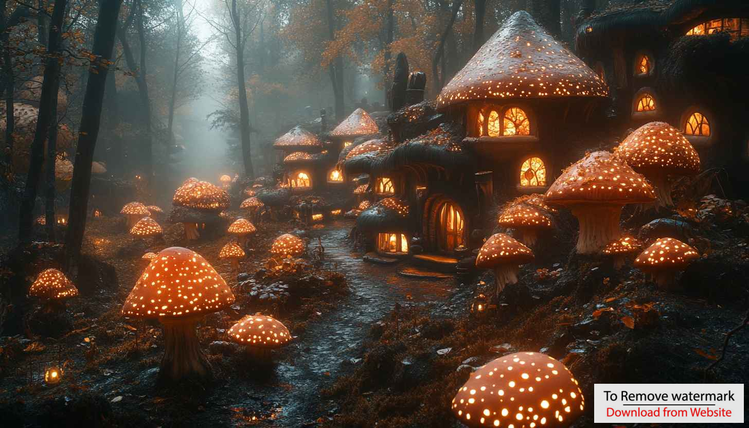 Mushroom House Village 4K Wallpaper - Fantasy Forest Desktop Background Mushroom House Village 4K Wallpaper - Fantasy Forest Desktop Background
