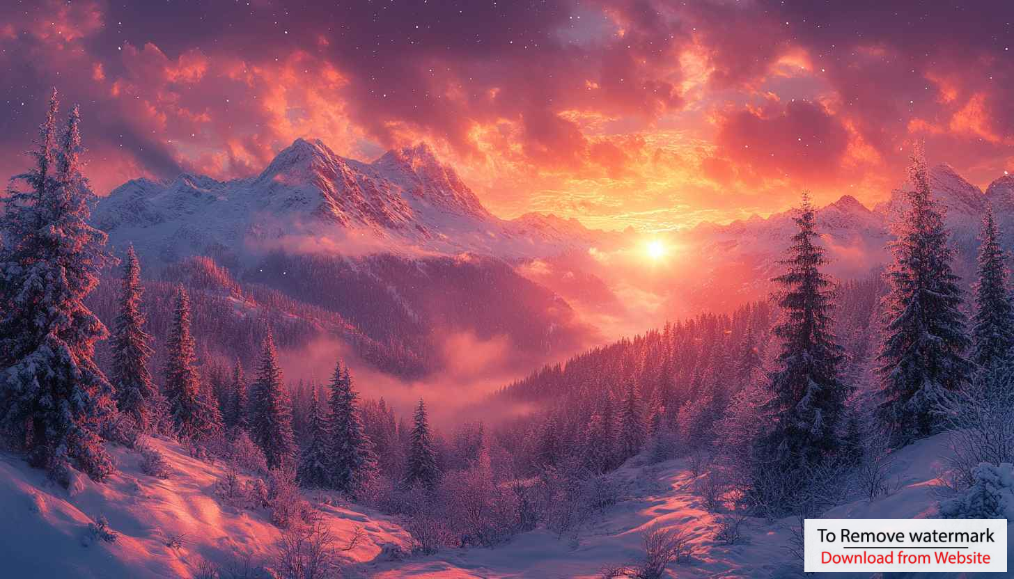 Fiery Sunset Winter Mountain Forest 4K Desktop Wallpaper Free Fiery Sunset Winter Mountain Forest 4K Desktop Wallpaper Free