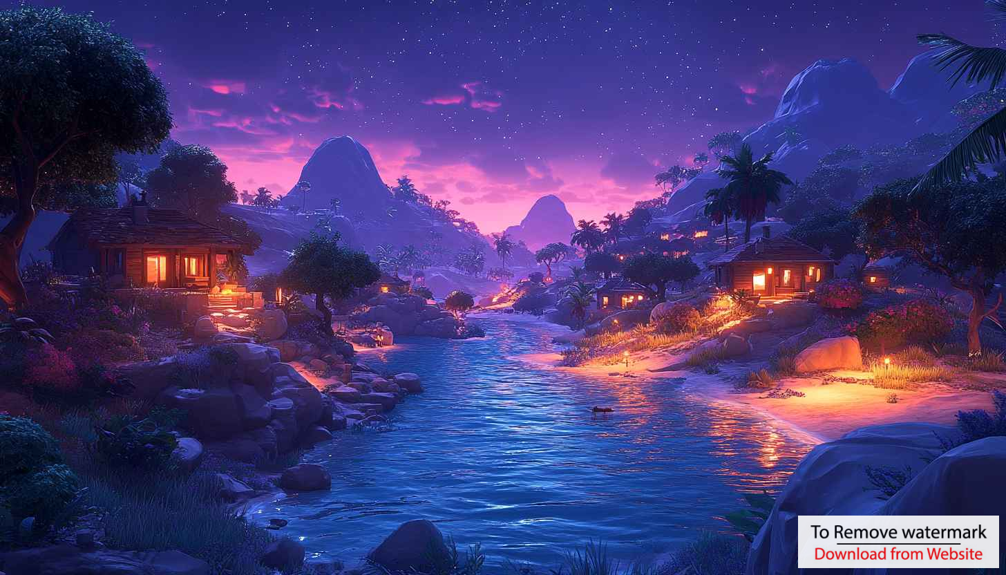 Tropical Island Village at Night Mobile Wallpaper, 4K Desktop Background