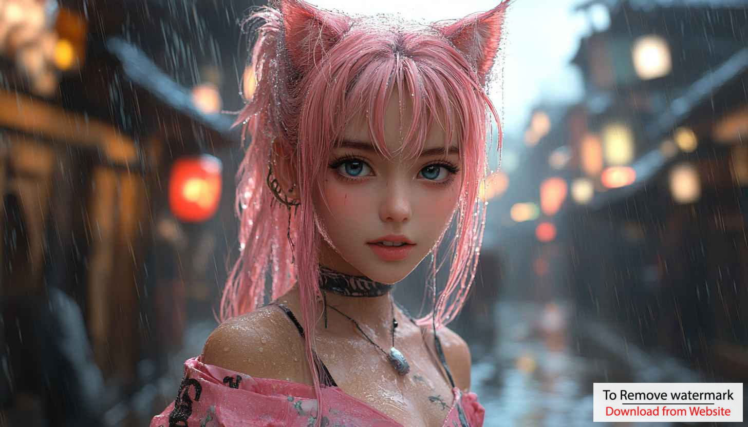 Anime Girl with Cat Ears Rain Wallpaper, 4K Mobile Background