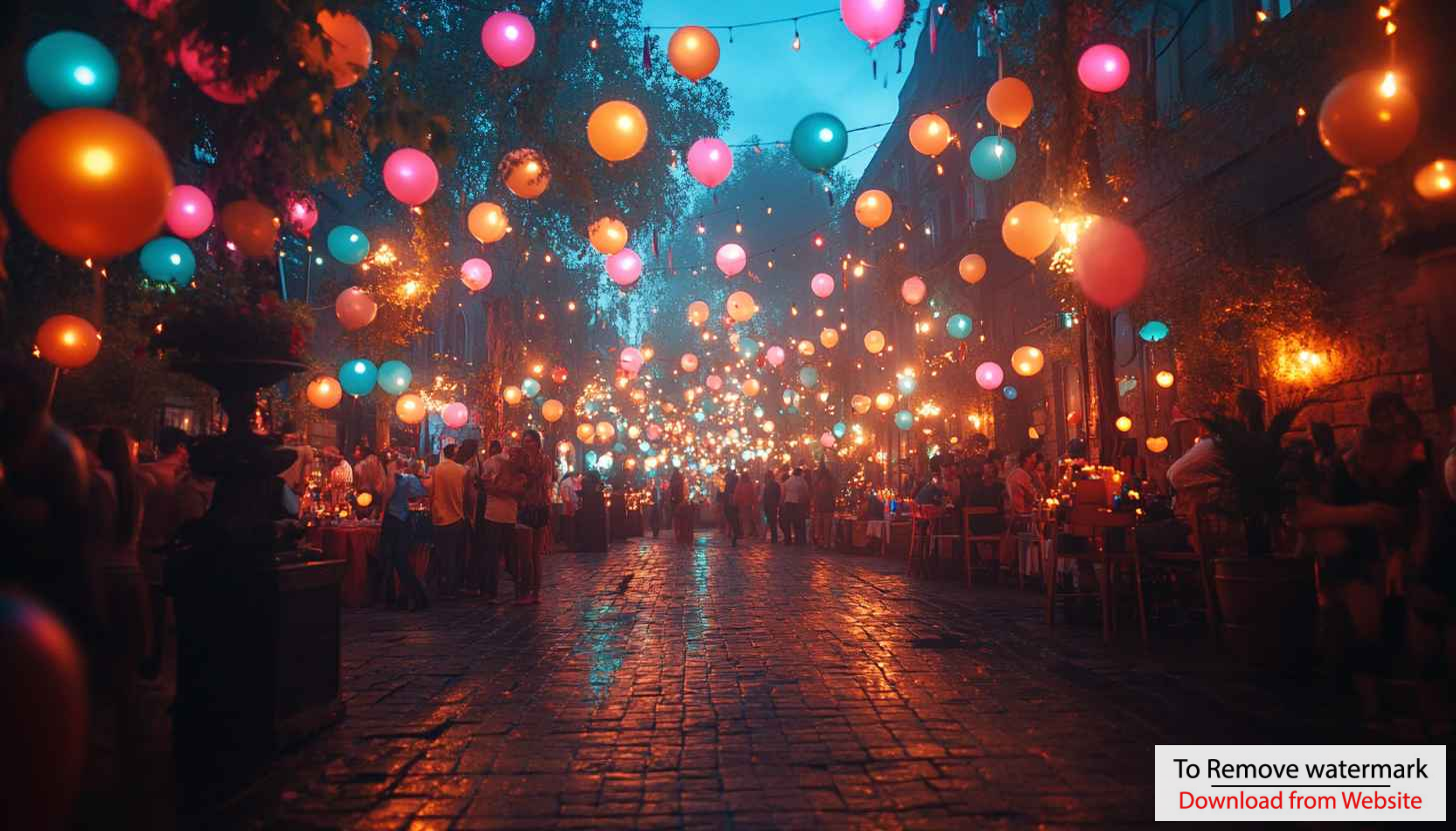 Street Party Balloons Lights 4K Desktop Wallpaper Festive Celebration Street Party Balloons Lights 4K Desktop Wallpaper Festive Celebration