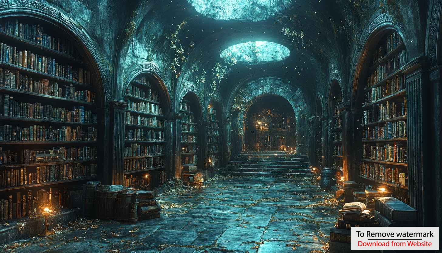 Dark Library Bookshelves 4K Desktop Background Fantasy Interior Wallpaper