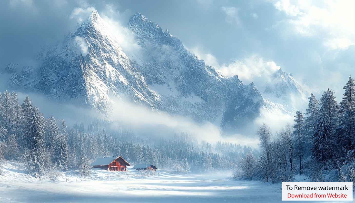 Winter Wonderland Cabin Snow Mountain 4K Desktop Wallpaper Background