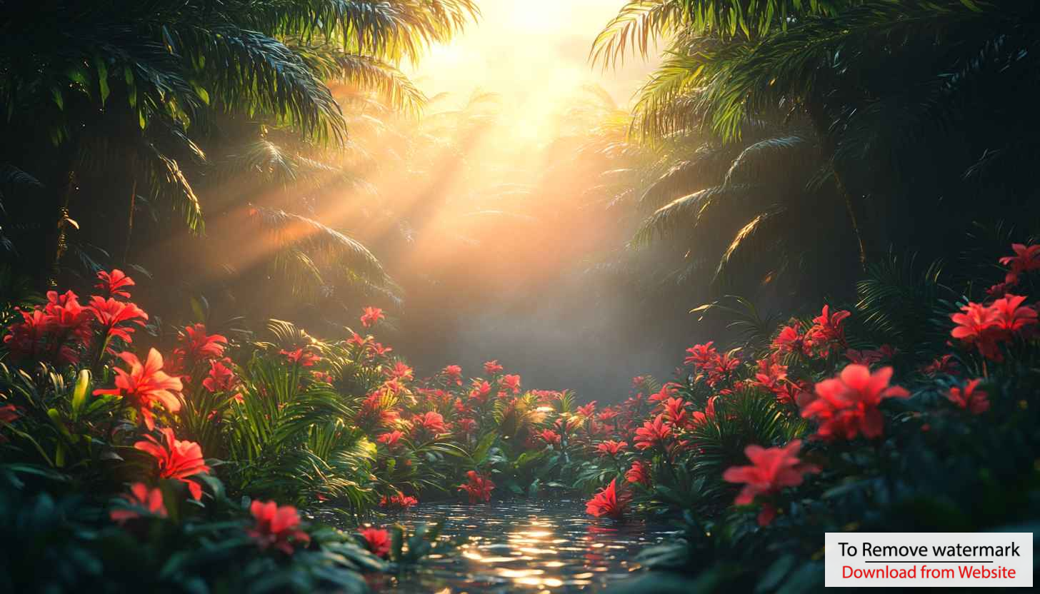Tropical Rainforest Glowing Sun Rays 4K Desktop Mobile Wallpaper