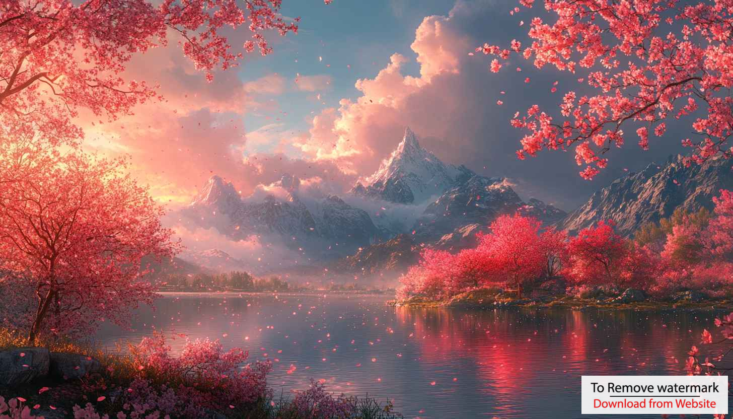Cherry Blossom Landscape Wallpaper, Pink Floral Mountain Lake Background Cherry Blossom Landscape Wallpaper, Pink Floral Mountain Lake Background