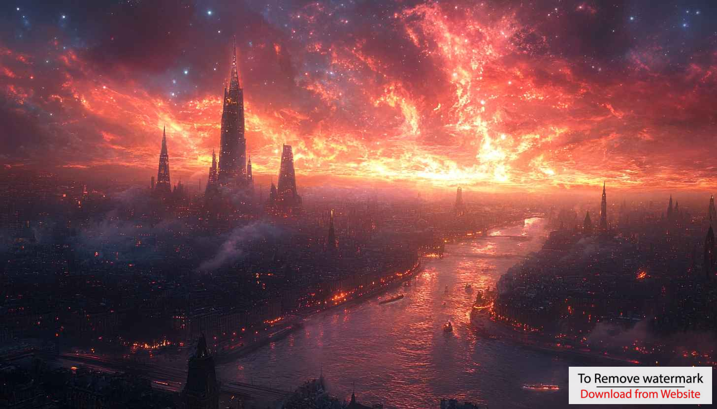 Futuristic Cityscape with Red Sunset Sky 4K Desktop Wallpaper