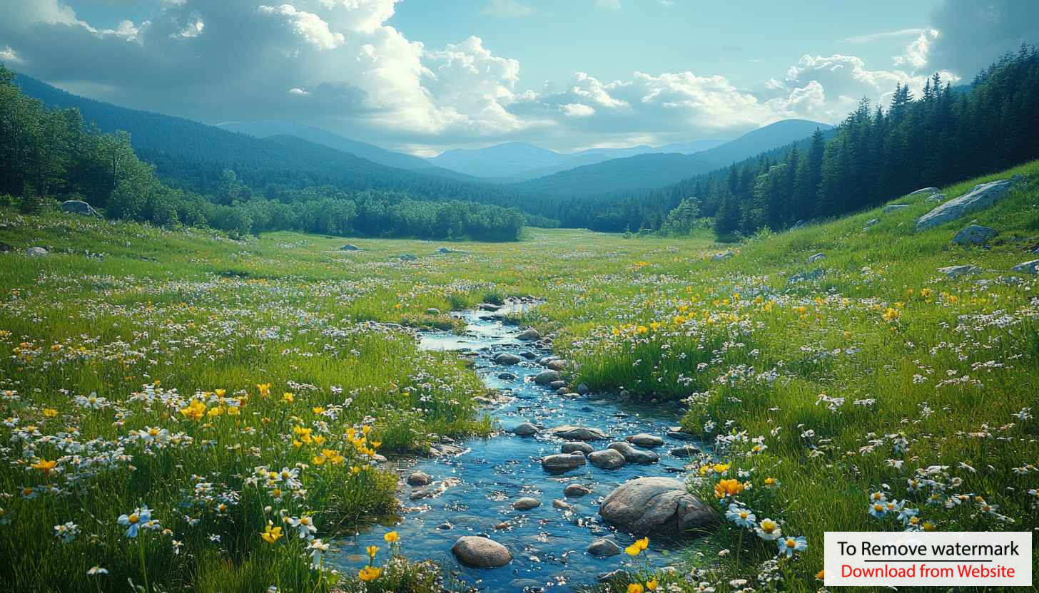 Scenic Mountain Stream Meadow Wallpaper for Desktop Backgrounds in 4K