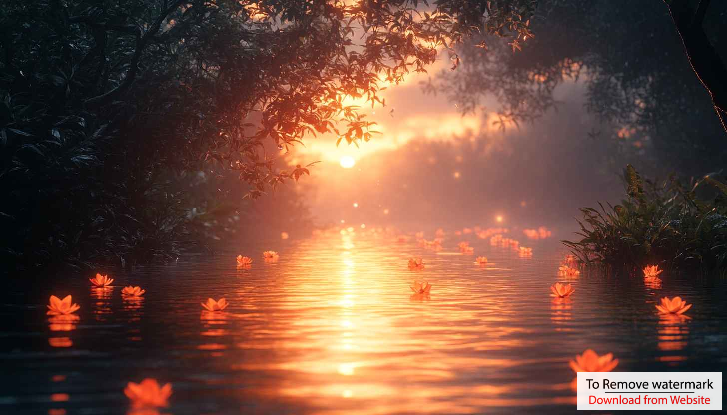 Golden Sunset River Lotus Flowers Scenery 4K Desktop Wallpaper